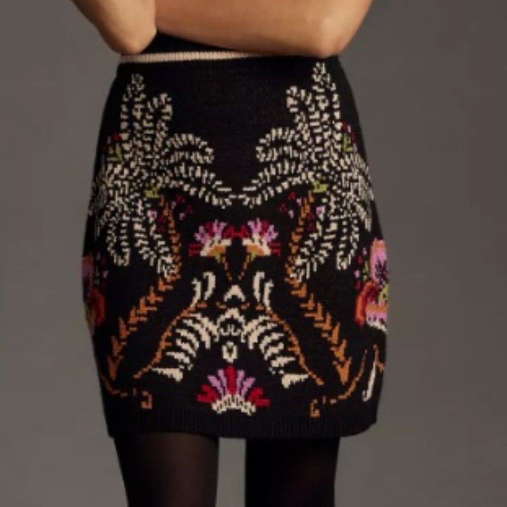 FARM Rio Black Knit Mini Skirt with Multicolor Floral Embroidery